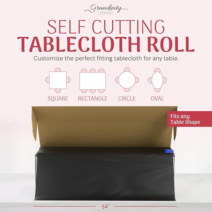 Grandipity Plastic Tablecloth Roll - 54in x 300 Ft. Black Plastic Table Cloths for Parties Disposable with Cutter Box - Cut to Size Disposable Tablecloth Table Cover for Rectangle & Round