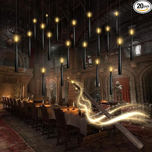 kakoya Flameless Floating Candles with Wand，20 Pcs Magic LED Hanging Taper Candles，Flickering Battery Operated Taper Candle with Wand Remote for Halloween Decorations Best Gift(Black)