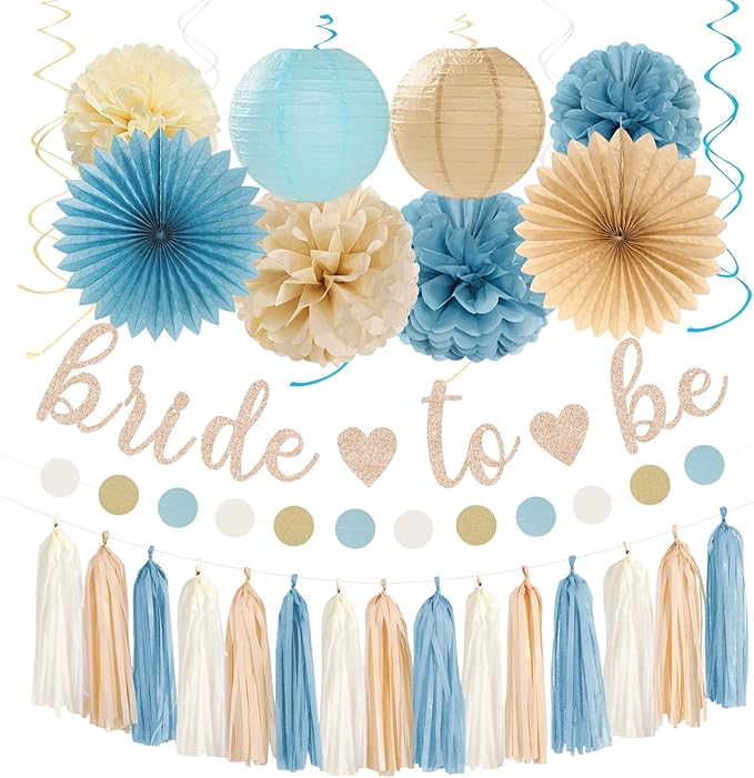 Light-Dusty Blue Beige-Champagne Bridal-Shower Party-Decorations - 31pcs Bride to Be Banner,Boho Neutral Bachelorette Paper Lanterns,Wedding Garland,Tissue Pom Poms Flower Fan Decor Supplies Burgleda