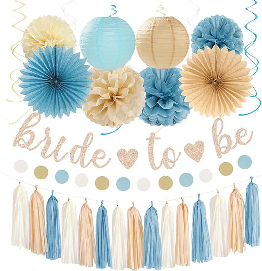 Light-Dusty Blue Beige-Champagne Bridal-Shower Party-Decorations - 31pcs Bride to Be Banner,Boho Neutral Bachelorette Paper Lanterns,Wedding Garland,Tissue Pom Poms Flower Fan Decor Supplies Burgleda