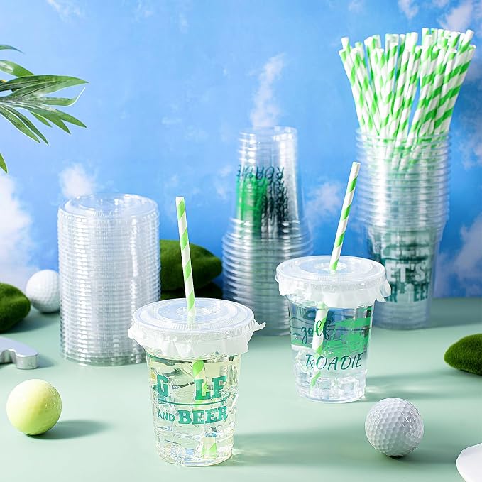 FoldTier 50 Pcs Golf Cups, 12 oz Disposable Plastic Cups with Straws and Lids Golf Clear mug Birthday Bachelor mugs Supplies Birthday Table Decorations Party Favor