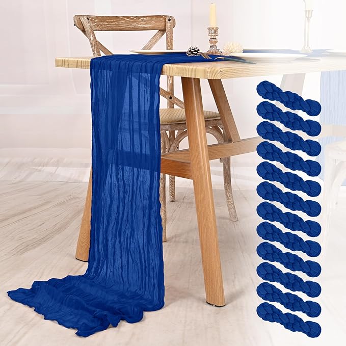 12 Pack Royal Blue Cheesecloth Table Runner 10FT Boho Gauze Cheese Cloth Table Runner Rustic Sheer Fabric Table Runners for Wedding Bridal Shower Baby Shower Party(21.5×120 Inch)