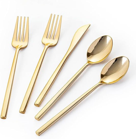 Tinybee 300PCS Gold Plastic Silverware - Heavy Duty Disposable Silverware, Luxury Gold Plastic Utensils - Elegant Disposable Utensil Include 100 Knives, 100 Forks, 100 Spoons Perfect for Party&Wedding