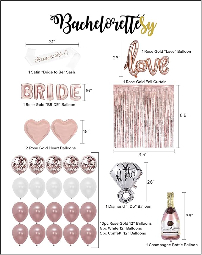 Bachelorettesy 28pc Bachelorette Party Decorations Kit for Bride to Be, Bridal Shower Decorations, Engagement Party – Balloons, Sash, Foil Backdrop Curtain (Rose Gold)