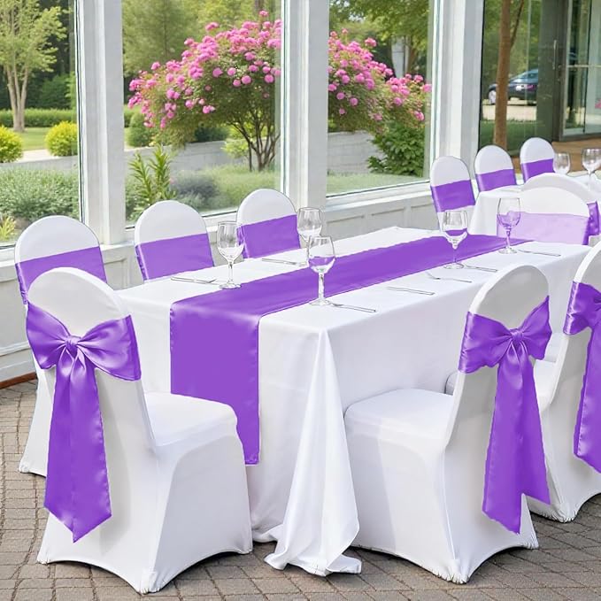 MDS Satin Chair Sashes, 100 Pack, 7”x108” Each, Decorative Chair Bows Ribbon Tie Backs for Wedding Party, Holiday Dinner, Birthday, Reception, Banquet, Hotel & Event Decoration - Lavender