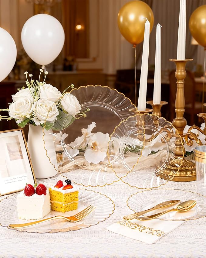 YOUBET 175PCS Gold Scalloped Plastic Plates - Clear and Gold Disposable Dinnerware Set Include 50 Plates, 75 Gold Silverware, 25 Cups, 25 Napkins for Party & Wedding