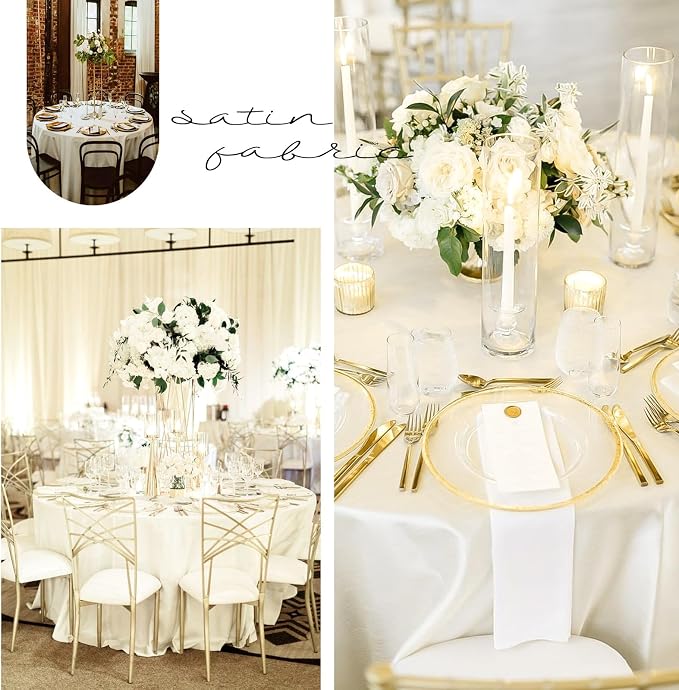 12 Pack Ivory Satin Tablecloth, 108 Inch Round Silky Satin Table Cloth, Bright Silk Tablecloth Smooth Fabric Table Covers Overlay Silky Tables Decoration for Wedding Party Banquet Birthday