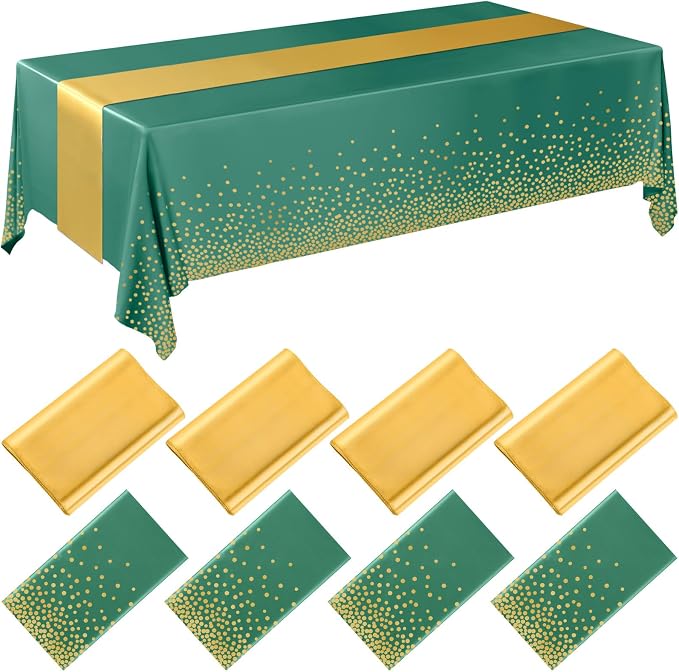 Breling 8 Pack Green and Gold Disposable Plastic Tablecloths and Satin Table Runner Set, 54 x 108 Inch Tablecloth, 12 x 108 Inch Table Runners for Wedding Graduation Birthday Baby Shower New Year