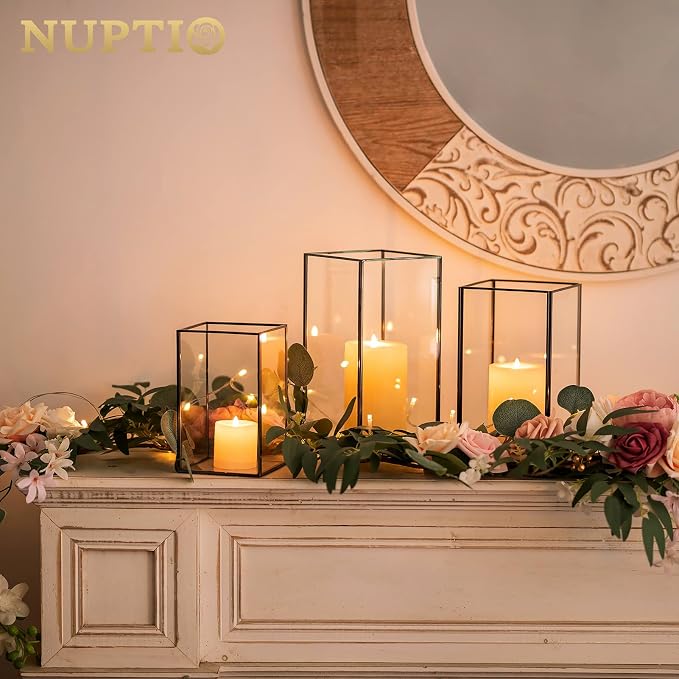 Nuptio Glass Hurricane Candle Holder for Pillar Candles 3 Pcs Black Metal Candle Holders Large Rectangular Candleholder Vase Centerpieces Decoration for Halloween Christmas Party 9.5 & 8.1 & 6.5 inch
