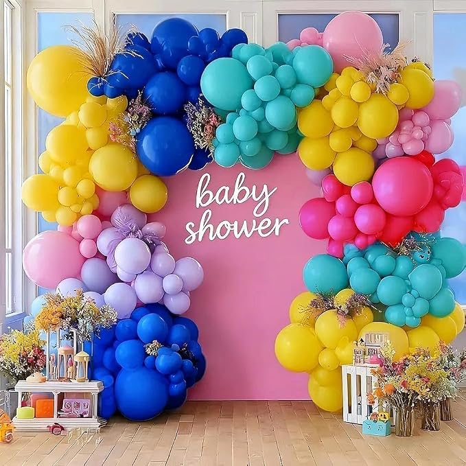 Hot Pink Blue Yellow Balloon Garland, Double Stuffed Royal Blue Teal Lavender Balloons Pastel Balloon Arch Kit for Tropical Hawaii Graduation Birthday Baby Shower Party Decorations