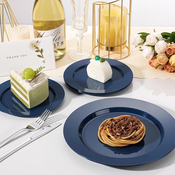 Goodluck 200PCS Navy Blue Plastic Plates, Heavy Duty Disposable Blue Plates with 100 10.25 inch Dinner Plates and 100 7.5 inch Dessert Plates for Party, Holiday, Wedding