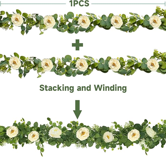 4 Packs 24FT Artificial Eucalyptus Flower Garland with White Camellias, Faux Greenery Garland Wedding Decor Fake Flower Rose Hanging Vine for Home Yard Table Party Decor
