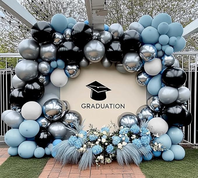 Blue Black Balloon Garland Double Stuffed Dusty Blue White Balloons Black Silver Balloon Arch for Birthday Wedding Graduation Baby Shower Anniversary Party Decorations