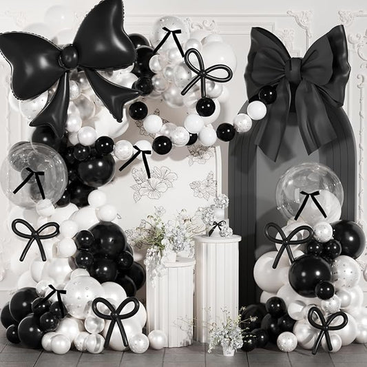 Black and White Balloons Arch Kit,JOGAMS 187Pcs White Black Bow Birthday Party Decorations with Bow Double Stuffed Pearl White Balloons Ribbon Pearl Stickers for Birthday Bachelor Bridal Baby Shower