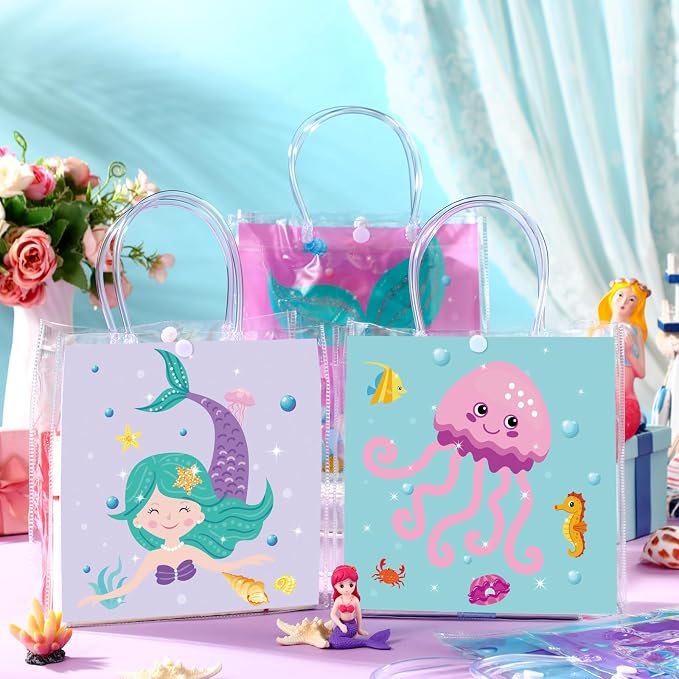 Teenyyou 24 Pcs Mermaid Clear Gift Bags with Handles Under the Sea Party Favor Goodie Candy Treat Tote Gift Bags for Ocean Theme Birthday Party Supplies