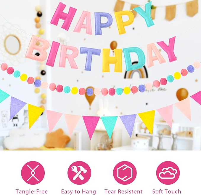 CANREVEL Pre-Strung 3D Happy Birthday Banner, 3 PCS Happy Birthday Felt Garland, Pom Pom Garland, Triangle Fabric Garland Bunting, Reusable Birthday Decorations for Women Men Girls Boys, Pastel Candy
