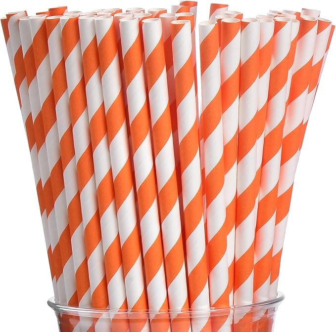 ALINK 100 Orange and White Striped Paper Straws, Biodegradable Disposable Drinking Straws for Halloween, Bridal Shower, Brithday, New Year, Party Decoration Supplies