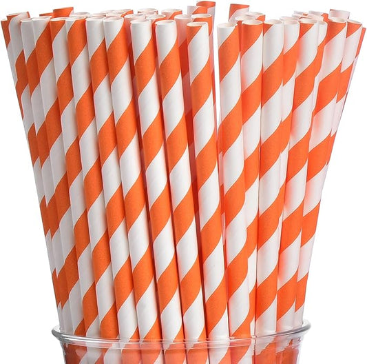 ALINK 100 Orange and White Striped Paper Straws, Biodegradable Disposable Drinking Straws for Halloween, Bridal Shower, Brithday, New Year, Party Decoration Supplies