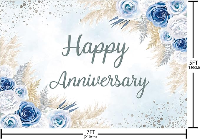 MEHOFOND Boho Happy Anniversary Backdrop Blue Floral Bohemia Pampas Grass Anniversary Banner Cheers to Marriage Wedding Party Decorations Memorial Portrait Photo Booth Background 7x5ft