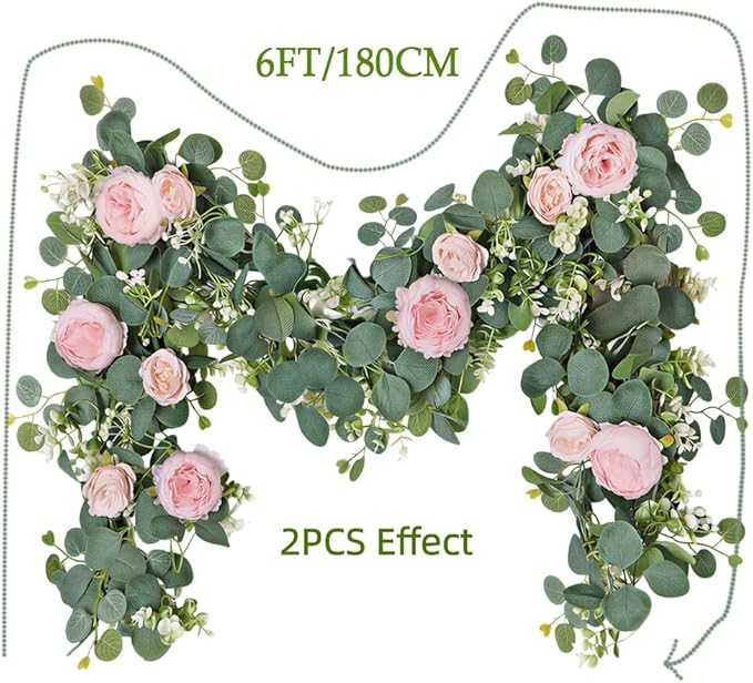 2pcs Artificial Flowers Garland 6FT Silk Peony Vine with Eucalyptus Leaves Faux Floral Garlands for Wedding Arch Door Wall Hanging Party Home Decoration (Pink)