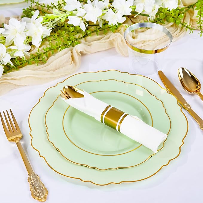 Liacere 175PCS Light Green Plates - Disposable Green and Gold - 25guest Baroque Dinnerware include 50Plates,25Pack Pre Rolled Napkins with Silverware 25Cups for Wedding ＆ Party & Spring