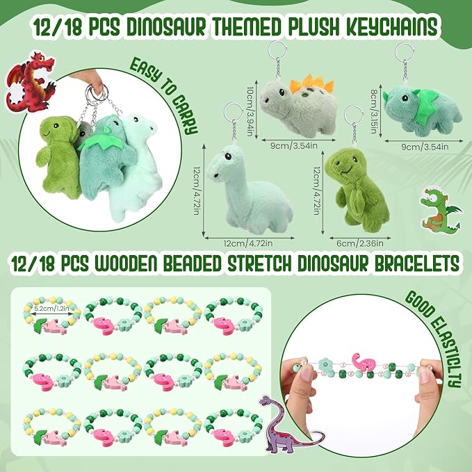 Remuuly 100 Pcs 16 Sets Dinosaur Party Favor Mini Dinosaur Stuffed Animals Bulk Plush Keychains Bracelet Gift Box Sticker for Adopt an Animals Favors Birthday Goodie Bag Supplies Fillers Stuffers