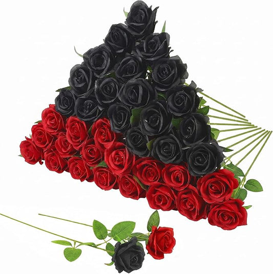 36 Pcs Silk Black Red Rose Bouquet Bridal Artificial Flowers,Fake Rose Long Stem Realistic Artificial Flowers Bulk for Wedding Bouquet Ball Arrangement Centerpiece Party Decor