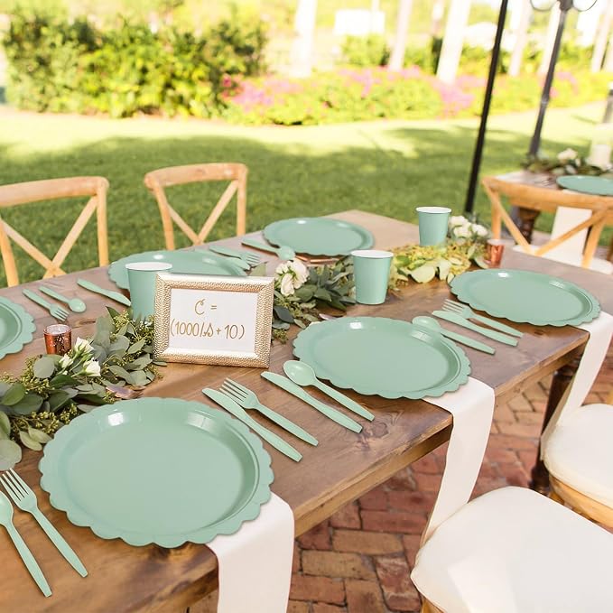 175 Pcs Party Plates and Cups and Napkins Sets, 9" Paper Plates, 7" Dessert Plate, 9oz Cups & Cutlery, 25 Guest Scalloped Sage Green Party Supplies for Wedding, Bridal Baby Shower, Birthday | 175 Pcs Sage Green Party Decor Include 9" Paper Plates, 7" D...
