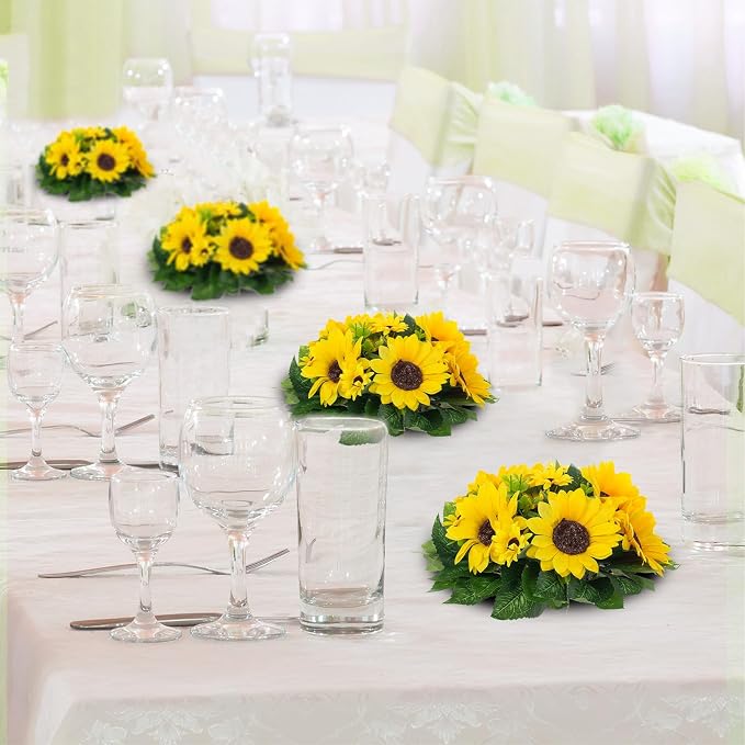 BLOSMON Fake Sunflowers Flower Centerpieces - 6 Pcs Artificial Flowers | Yellow Sunflower for Wedding Table Birthday Decorations - Faux Silk Kissing Floral Arrangements for Home Event DIY Decor