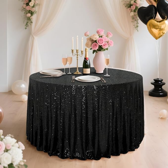 Eternal Beauty Black Tablecloth, 120 Inch Round Sequin Tablecloth for Party Cake Dessert Table Exhibition Events