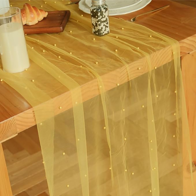 Set of 1 Pearl Table Runner 10ft, 29 * 120 Inch Yellow Table Cloth Pearl Sheer Tulle Table Cover,Pearl Table Runner for Wedding Party Baby Shower Birthday Home Decor