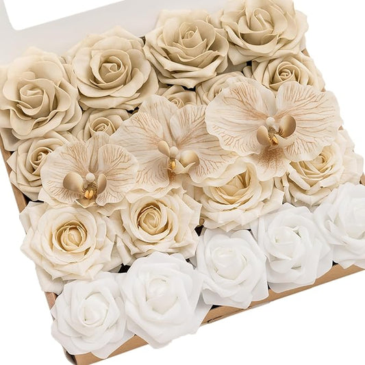 Ling's moment Artificial Flowers Fake Silk Orchid Faux Foam Roses Combo for DIY Wedding Bouquets Centerpieces Arrangements Bridal Shower Party Home Decorations, Tawny Beige & Sand Beige, 21pcs
