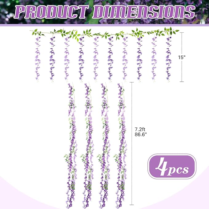 Thiccywoov 4pcs Wisteria Artificial Flowers Garland, 7.2Ft/Piece Wisteria Hanging Flowers Garland for Wedding Arch Decoration Outdoor Ceremony Home Backdrop Garden (Purple,Light Purple)