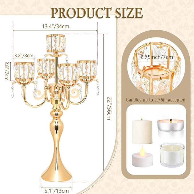 2Pcs Gold 5-Arm Crystal Pendant Metal Candle Holder with Square Crystal Bowl, 22-Inch Tall Wedding Table Centerpiece for Holiday Party Events, Christmas, Birthday Decorations