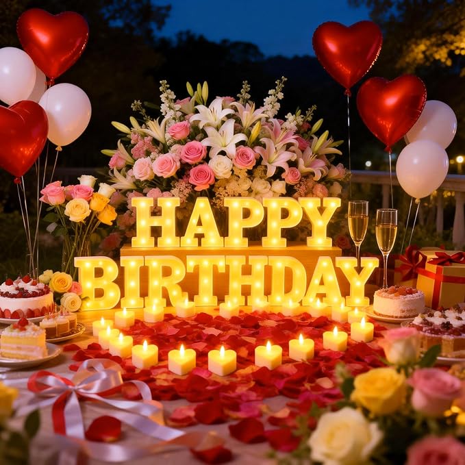 Happy Birthday Light up Letters, Include Tea Lights Candles, Latex Balloons, Aluminum Balloons and Rose Petals, Special Festival, Surprise Gifts for Women and Men