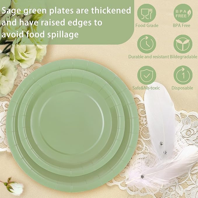 Sage Green Paper Plates, Plates and Napkins Party Supplies 200 Pcs, Greenery Bridal Shower baby decorations Birthday Serves 50, Medium