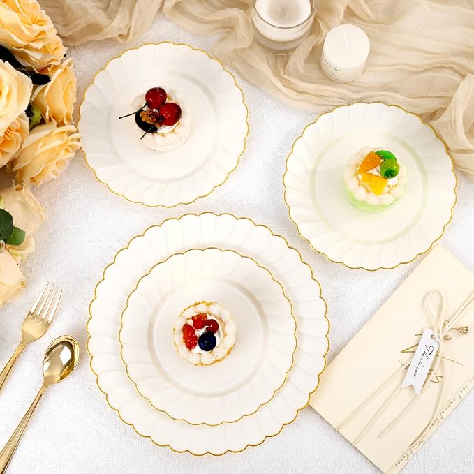 YOUBET 60PCS Ivory Scalloped Plastic Plates - Hard Craem and Gold Fancy Disposable Plates include 30 Gold Dinner Plate, 30 Dessert Plate for Wedding Party