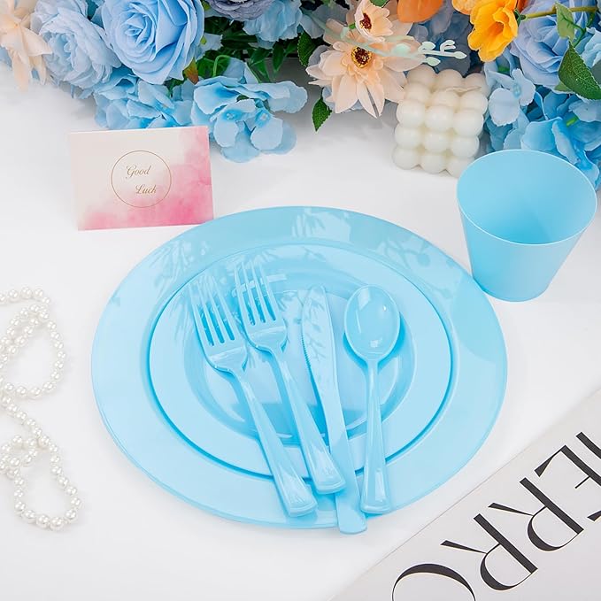 KIRE 150 Piece Blue Plastic Plates Disposable - Blue Dinnerware Set Includes 25 Dinner Plates, 25 Salad Plates, 25 Utensils Set 25 Clear Cups for Birthday/Picnic/Baby Shower/Easter/Spring