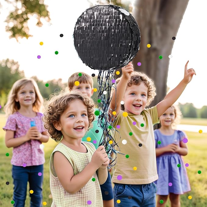 WERNNSAI Black Round Piñata for DIY - Halloween Black Moon Piñata for Kids DIY Birthday Party Disco Decoration for Adult Night Party Supplies with Confetti Bat Blindfold, 12.2”x 12.2”