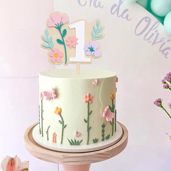 Wooden Wildflower Cake Topper - Wildflower First/1st Birthday Party Decorations,Flower 1st Cake Topper,Girl First Birthday Party Decorations (Flower-1)