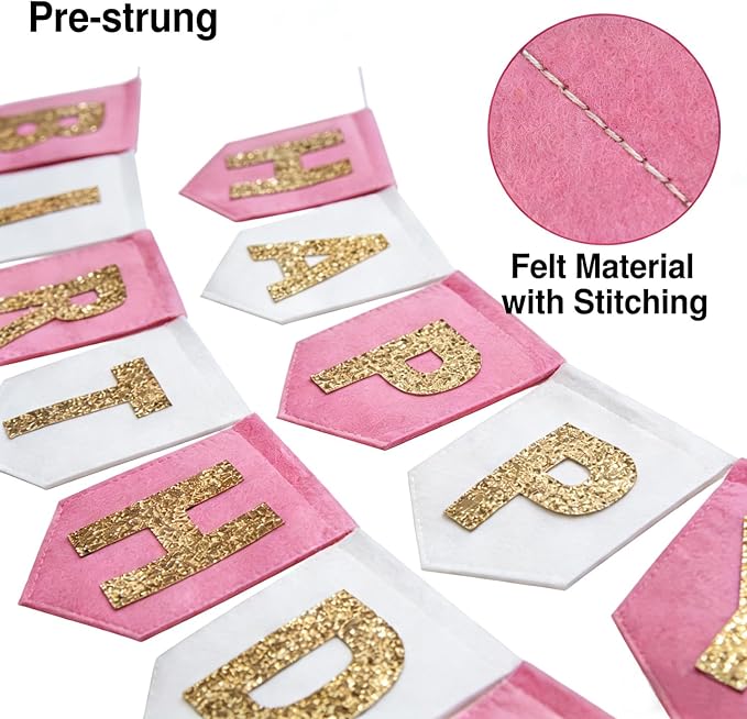 First Birthday Decorations For Girl- Felt Happy Birthday Banner Pink Gold 1st Birthday High Chair Decorations,Birthday Topper Party Hat,Boho Pink Gold 1st Birthday Party Supplies For Girl
