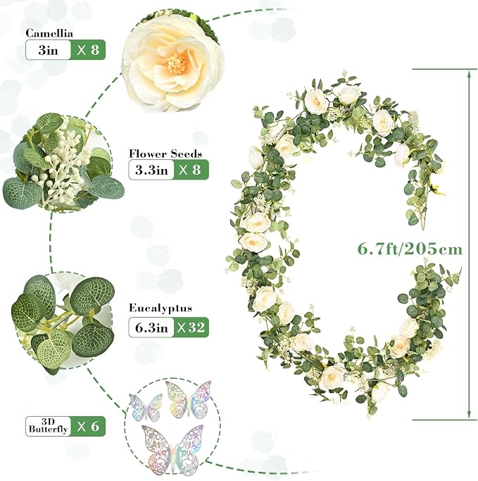 Yastouay 2 Pcs 12.1 Ft Flower Garland with Butterfly, Artificial Eucalyptus Garland with Champagne Flowers Fake Rose Camellia Vine for Table Centerpiece Wedding Baby Shower Room Backdrop Decor