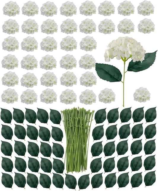 100 Pack Artificial White Hydrangea Flowers with Leaves, 6 Inch Silk Flower Heads, DIY Mother's Day Wedding Decor Set with 200 Leaves, 100 Stems