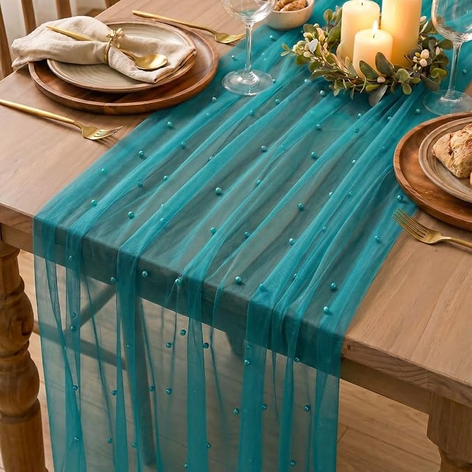 Artoid Mode Pearl Teal Gauze Table Runner 120 Inch 10FT, Seasonal Sheer Dining Holiday Wedding Birthday Baby Shower Table Decor for Home Party