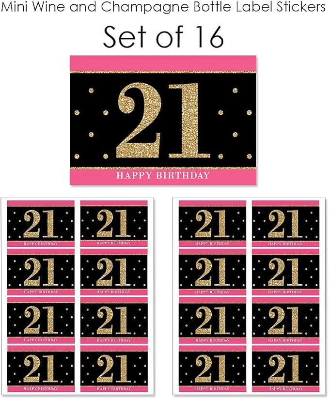 Big Dot of Happiness Finally 21 Girl - 21st Birthday - Mini Wine and Champagne Bottle Label Stickers - Birthday Party Favor Gift for Women and Men - Set of 16