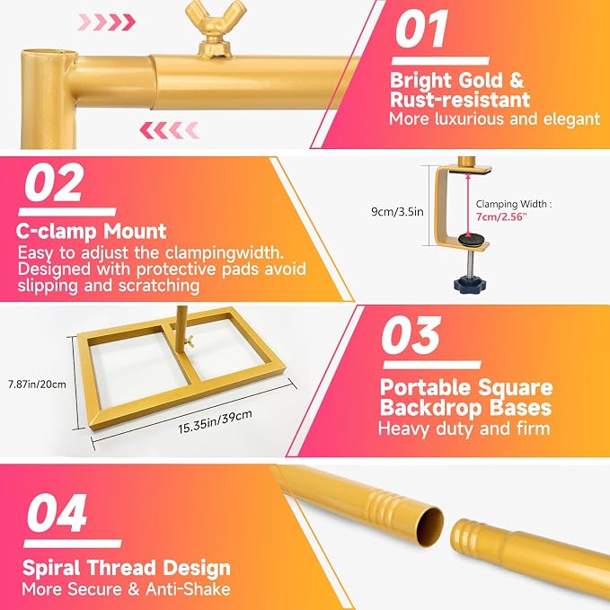 Square Backdrop Stand, Wedding Arch Heavy Duty Adjustable Stand, Over The Table Rod Stand with Clamps, Metal Gold Garden Balloon Frame for Baby Shower Party Decoration