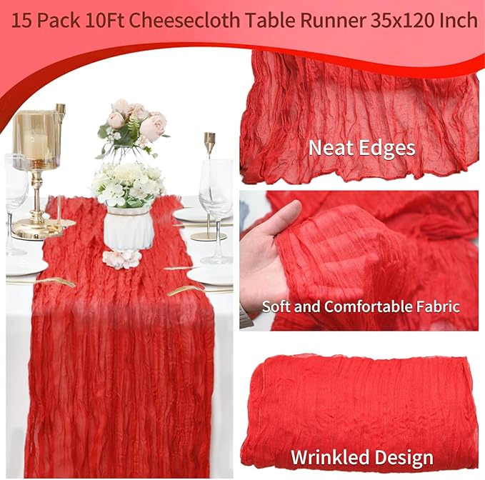 15 Pack Cheesecloth Table Runner 10Ft Gauze Cheese Cloth Table Runner 35 x 120Inch Red Table Runners for Wedding Birthday Party Engagement Holiday Baby Bridal Shower Anniversary Christmas Table Decor