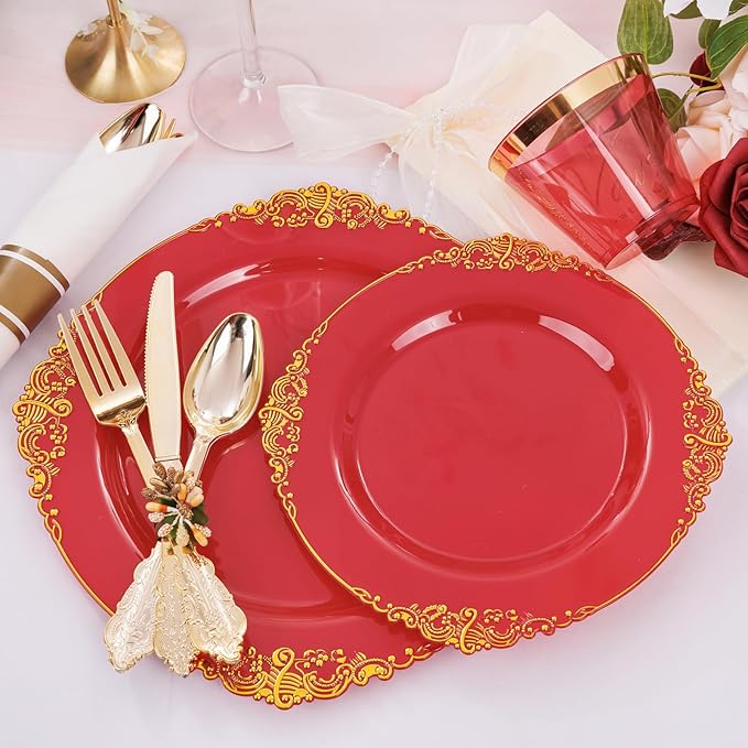 Nervure 175PCS Red Plastic Plates - Disposable Red Gold Party Plates & Pre Rolled Napkins with Cutlery for 25 Guests, 50Plates, 75Silverware, 25Cups, 25Napkin for Wedding & Party & Mothers Day