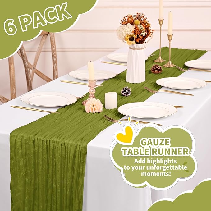 6 Pack Olive Green Cheesecloth Table Runner,Long Romantic Semi Sheer Rustic Boho Gauze Table Runners for Wedding Bridal Shower Birthday Party Decorations(17.7×108 Inch)