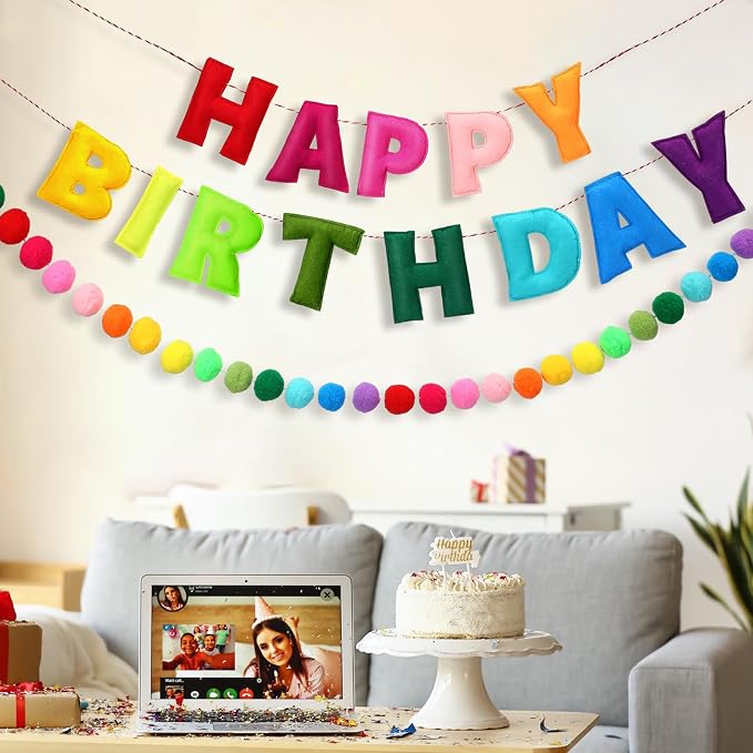 Mindsoft 2 Pcs 9.83ft Pre Strung 3D Happy Birthday Felt Fabric Banner with Ball Garland Reusable Pom Pom Garland for Birthday Party Decorations Sign Photo Prop Boys Girls(Rainbow Color)